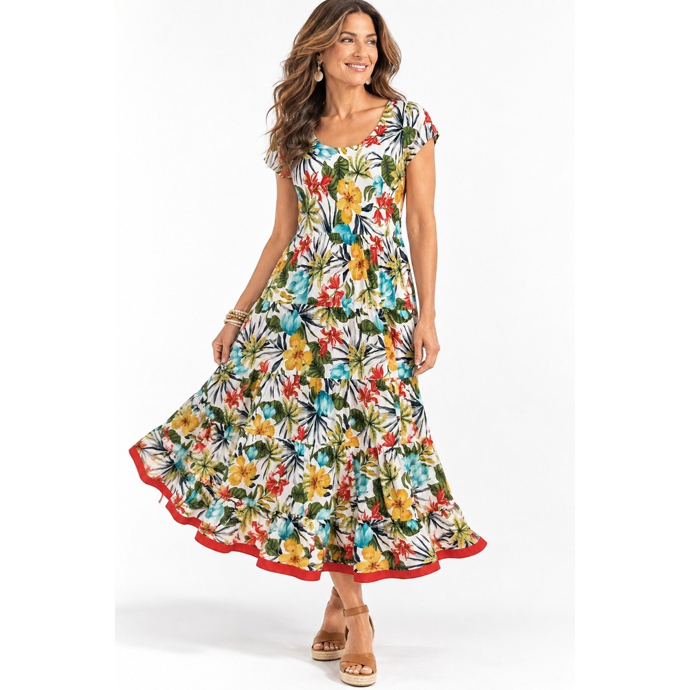Soft Surroundings Kara Tropical Floral Tiered Midi Dress Petite Small PS